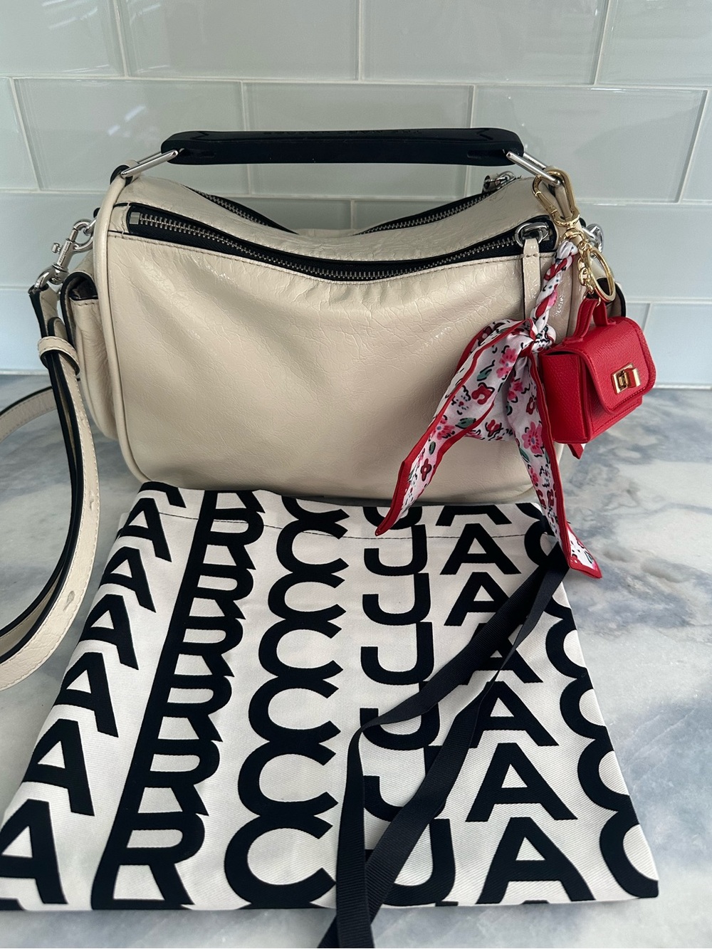 Marc Jacobs The Soft Box 23 Slouchy Leather Cream Bag with Red Charm